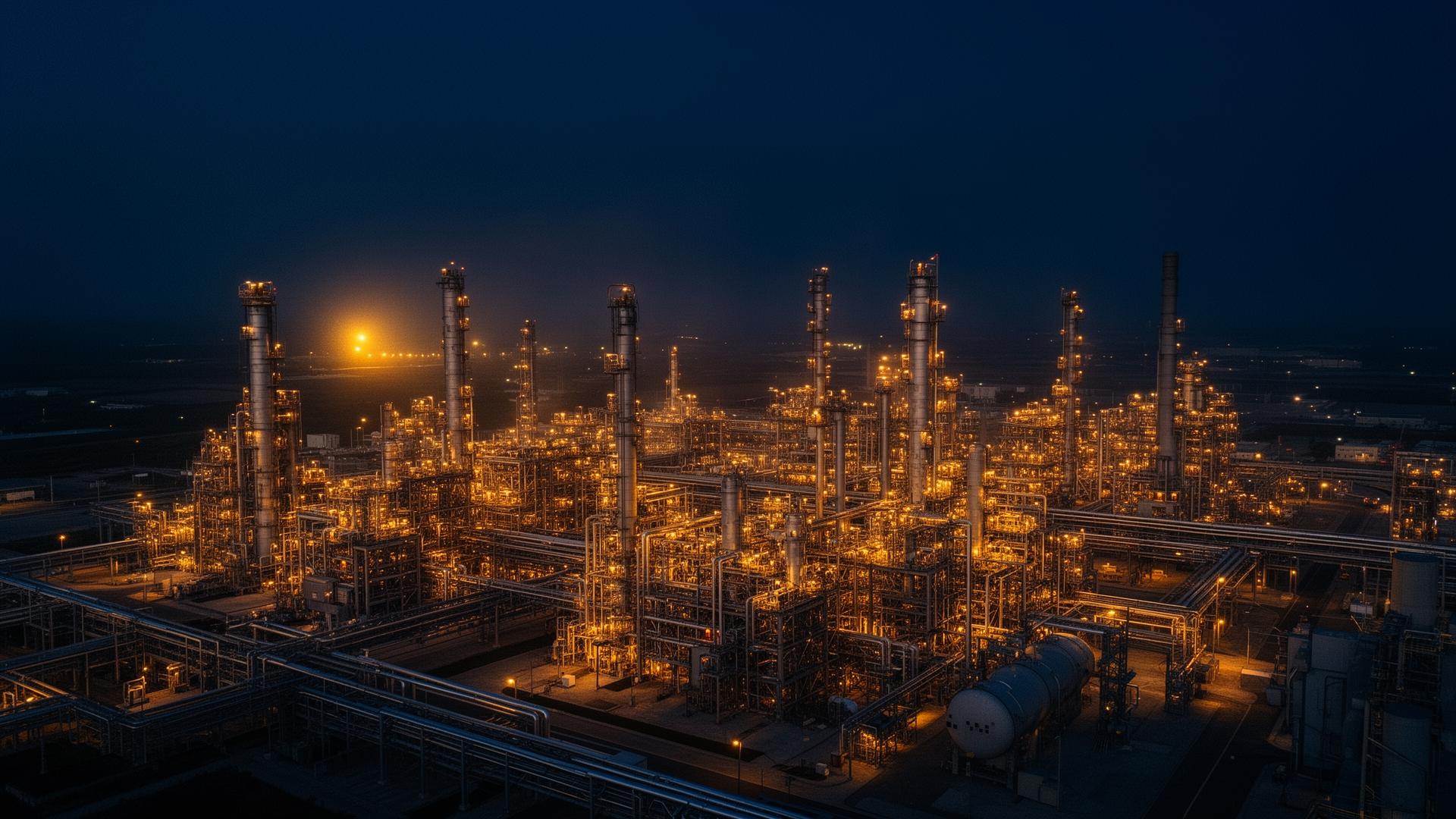 Modern refinery complex at twilight